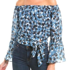 NWT Parker Blue Plox Blue and white Floral Off-Shoulder Tie-waist Blouse WomenXS